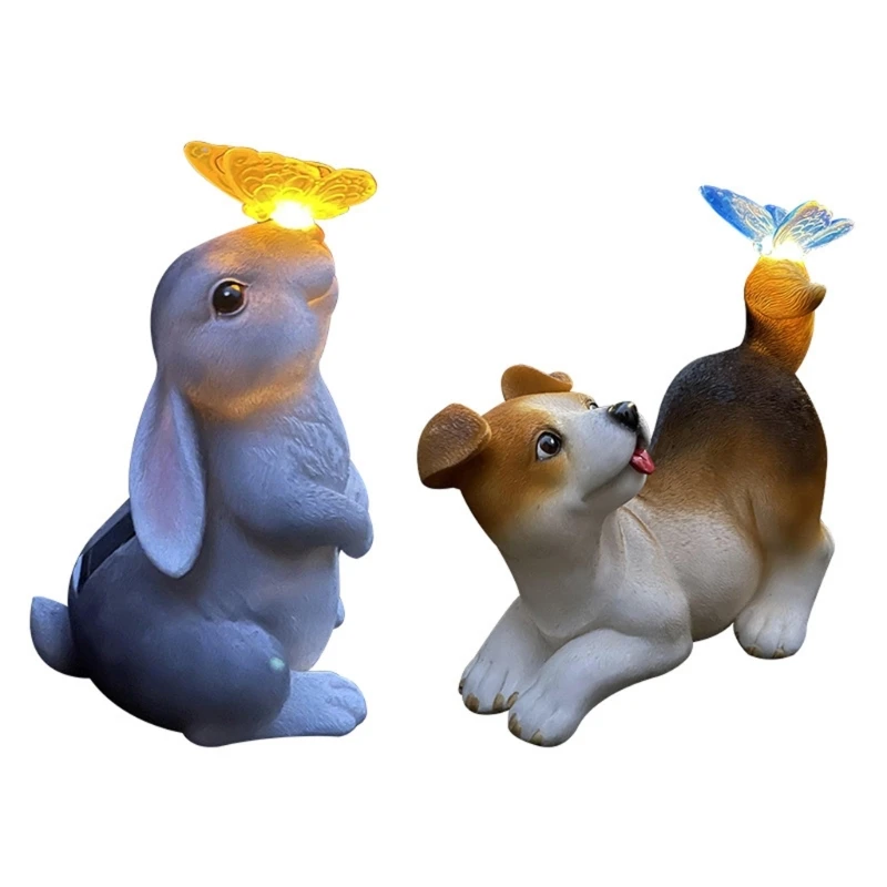 Garden Statue Outdoor Decoration Dog Rabbit with Solar  Light for Patio
