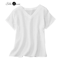 2022 fashionable summer new silk guanle crepe womens short sleeve simple 100natural silk v neck white versatile basic t shirt