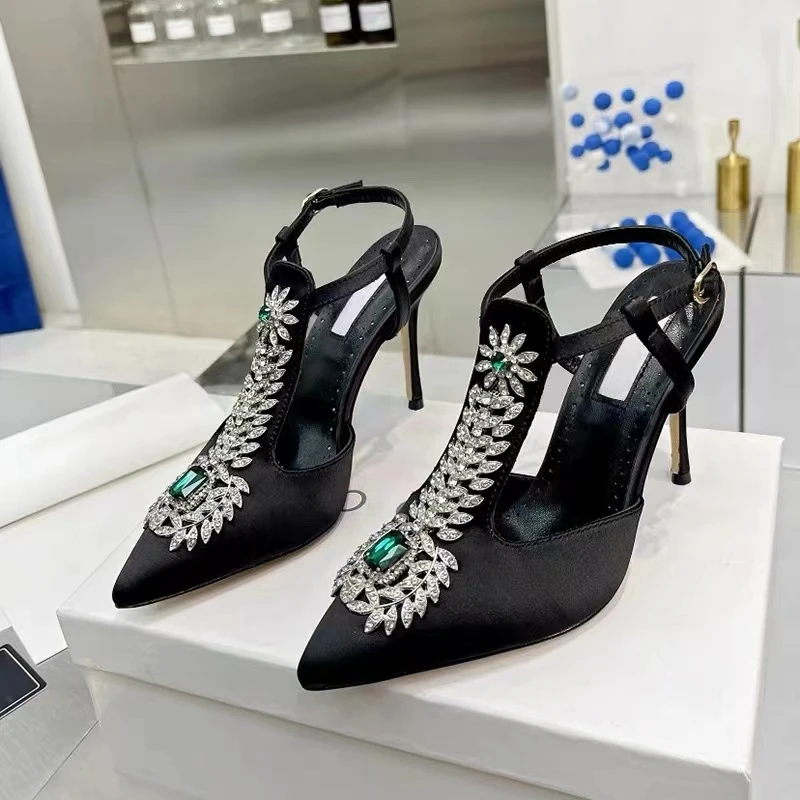 

Ladies Wedding Shoes Rhinestone Pointed Toe High Heels Satin Gemstone Stiletto Sandals 2024 New Baotou Fairy Pump Wedding Shoes