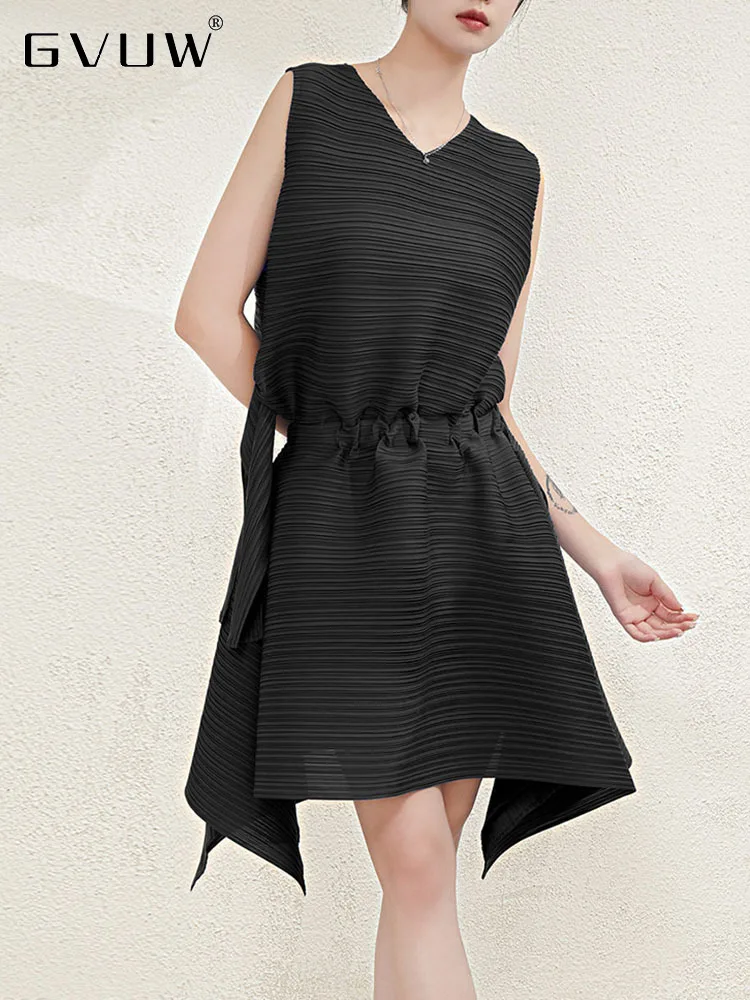 

GVUW Pleated Dress For Women Round Collar Sleeveless Backless Solid Color Patchwork 2023 Summer Female Fashion Clothing 17J1525