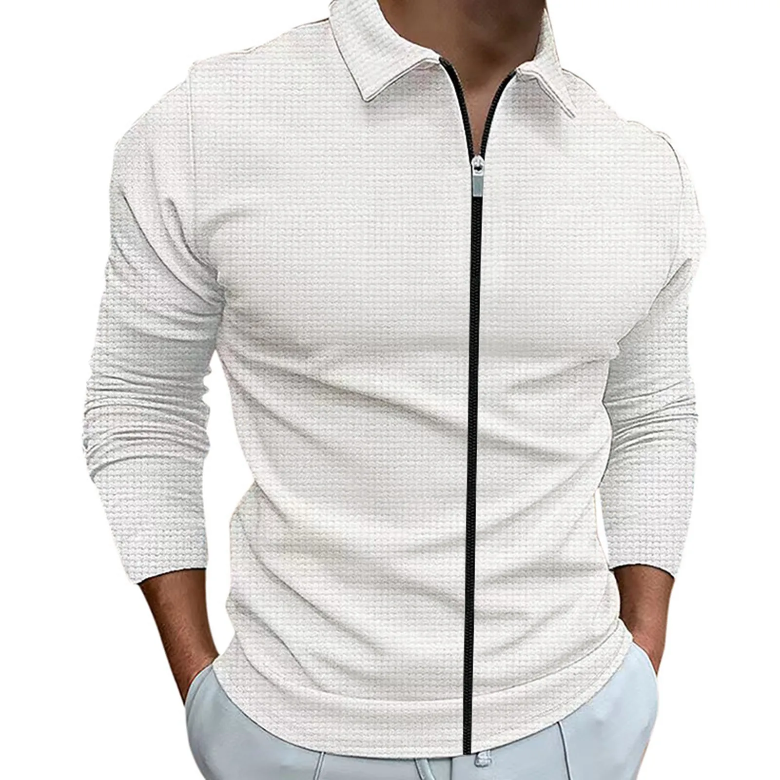 

Male Casual Autumn Striped Fabric T Shirt Zipper Turn Down Collar Long Sleeve Tops T Shirt Comfortable Dark