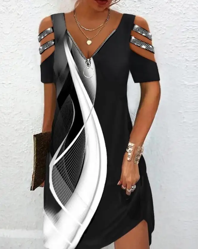 

Women's Dresses 2023 Summer Fashion Abstract Print Rhinestone Zipper Design Casual Cold Shoulder Short Sleeve Daily Mini Dress