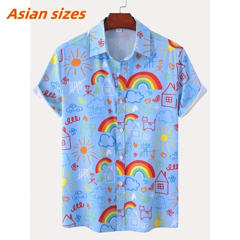 Фото Rainbow Flowers Pattern Hawaiian Shirt For Men Colorful Graffiti 3D Printed Aloha Shirts Casual Lapel Tops Short Sleeves Blouses №3