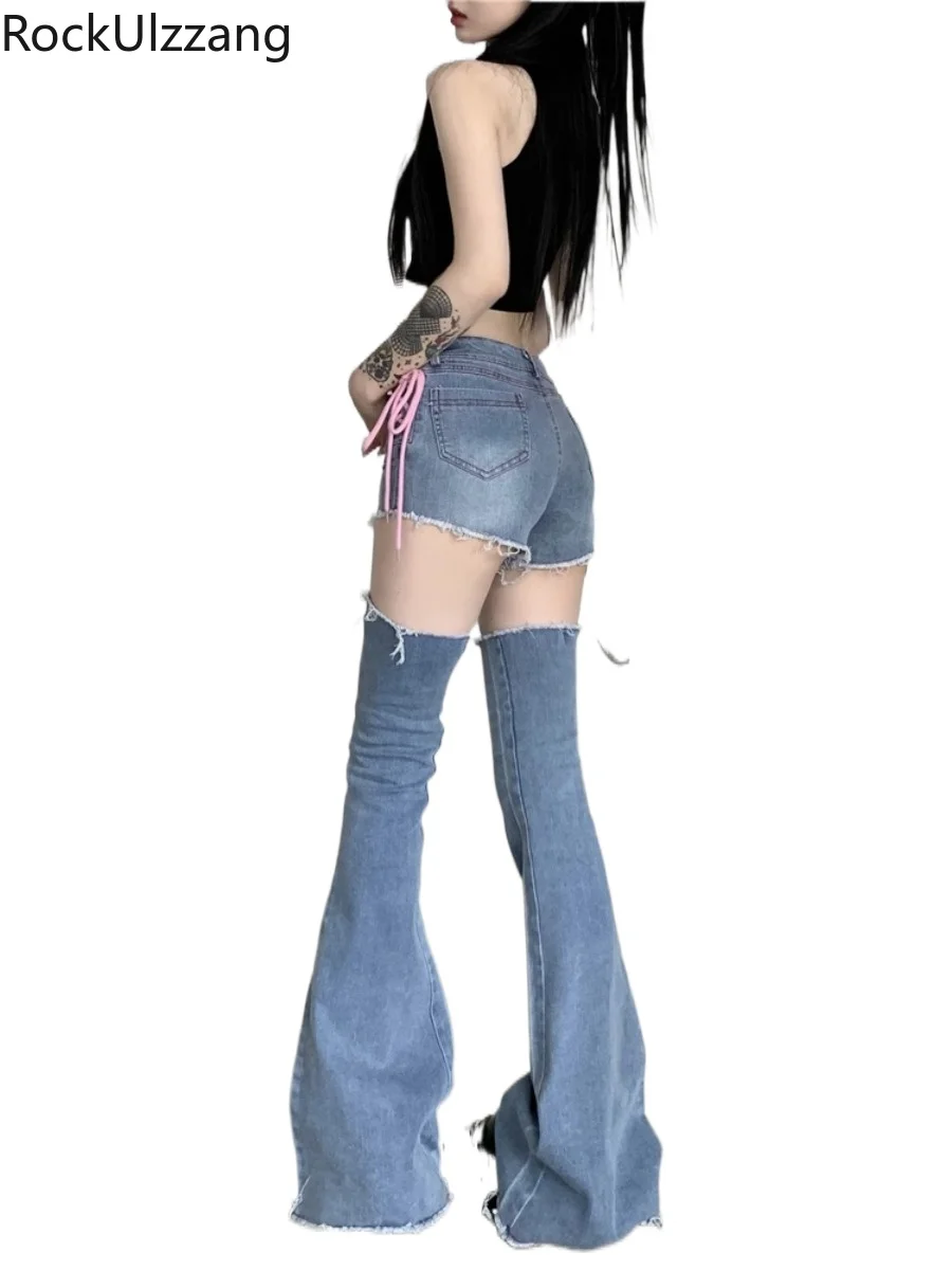 

Rockulzzang 2pc Set Eyelet Lace-Up Shorts Denim Short with Flare Leg Pant Women Jeans [vintage streetwear harajuku y2k clothing]