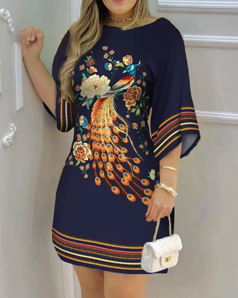 

Women's Dress 2023 Summer Fashion Tropical Print Half Sleeve O-Neck Dresses Female Casual Party Beach Mini Loose Dress Vestidos