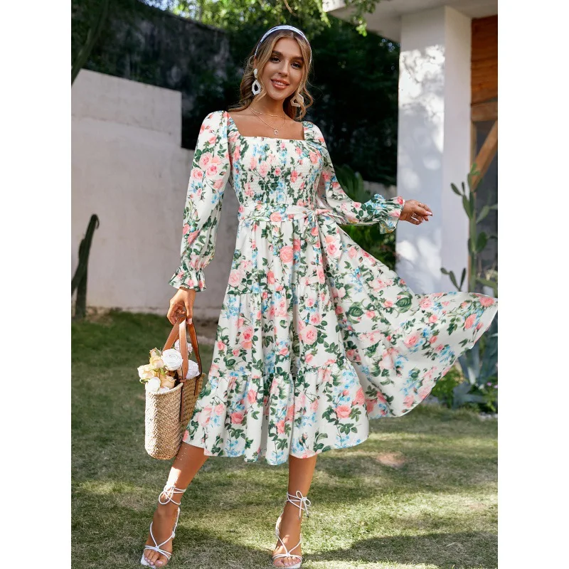 

Square Neck High Waist Long Dress Hawaiian Style Ladies Dress Flared Sleeves New Fit Vestido Maxi 2022 Dress Summer