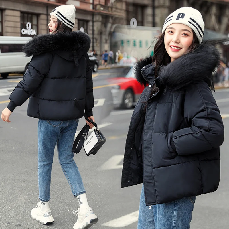 Fashion Large Fur Collar Hooded Thick Cotton Down Thickened Jackets Women's Winter Coats Solid Simple Parkas 2021 Female Outwear