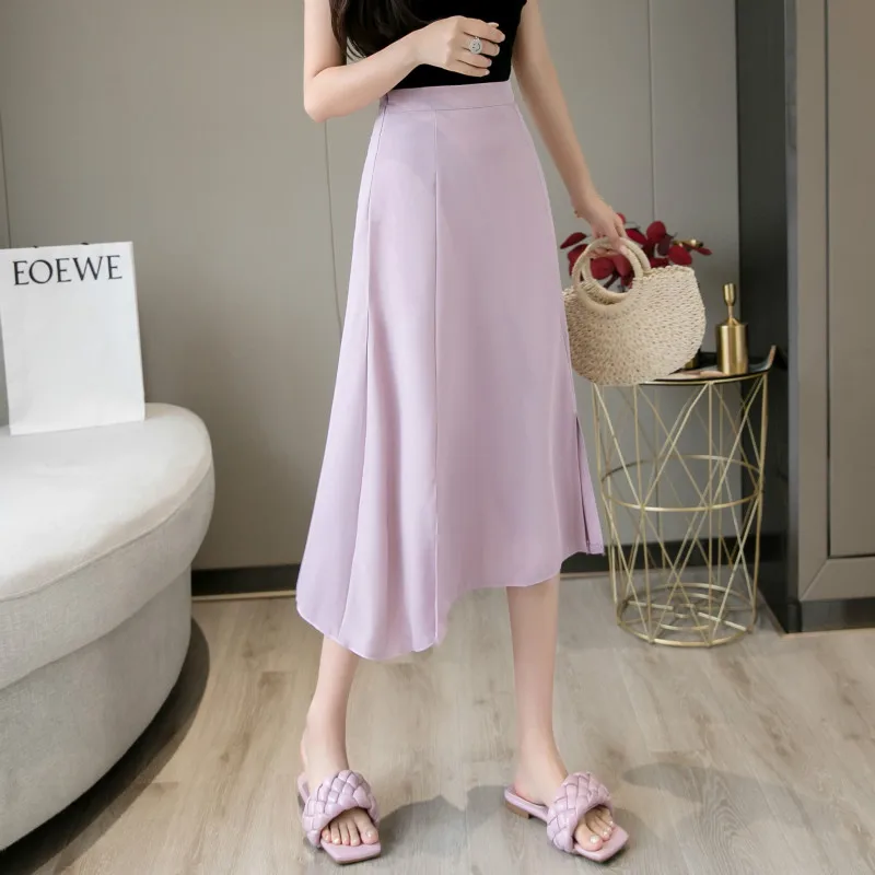 

Solid Color Spring Summer Women High Waist Slit Long Skirts Elegant Ruffles Slim Thin Korean OL Style A-line Midi Skirt 2021 New