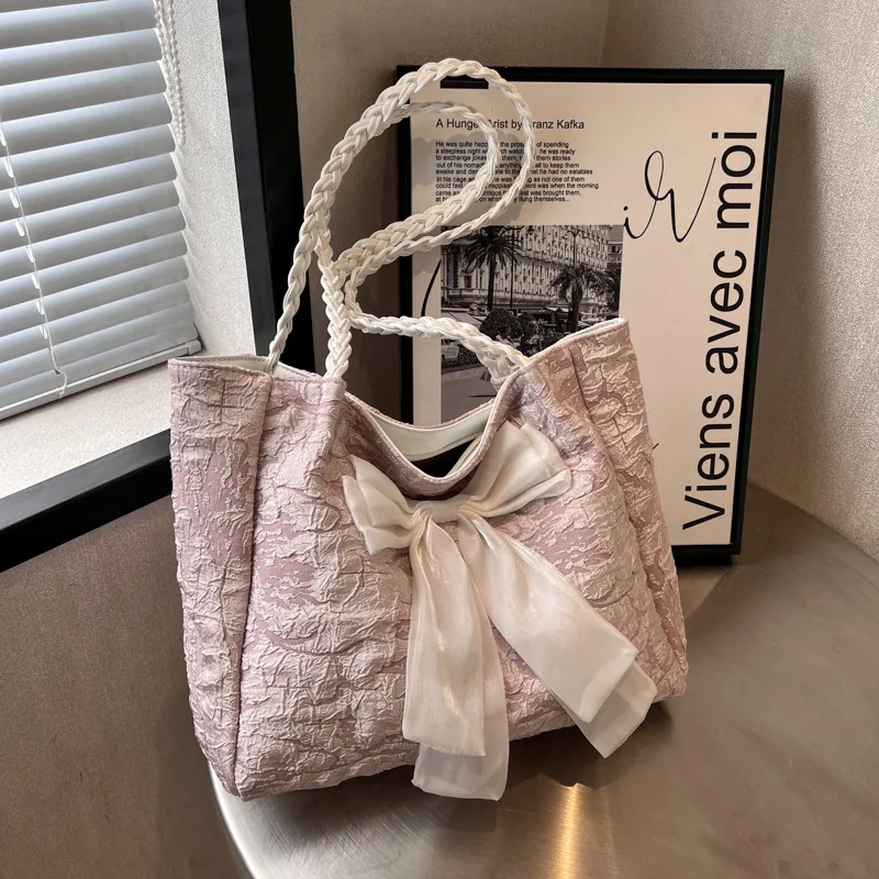 Fashionable Women's Shoulder Bag with Butterfly Knot and Pleats, Large Capacity Tote Bag for Commuting in 2023