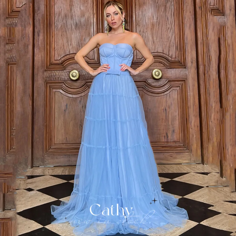

Cathy Sexy Strapless Maxi A-line Party Dresses Mult-Layer Vestidos De Noche With Belt Custom Colors Grace Tulle Evening Dresses