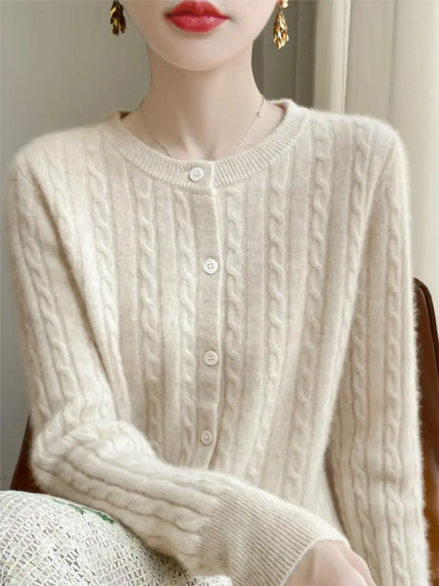 Autumn Winter Women Cardigans O-neck Solid Sweater Spring Long Sleeve Single Breasted Knit White Fashion Korean Jumper