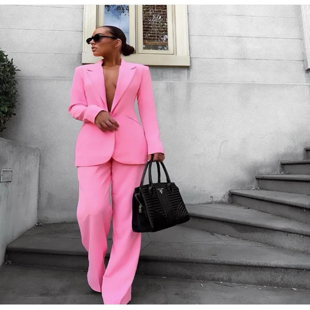 Pink Single Breasted Peak Lapel Women's Suit For Work Wide Leg Pants Fashion Casual Plus Size Jacket Blazer Pants