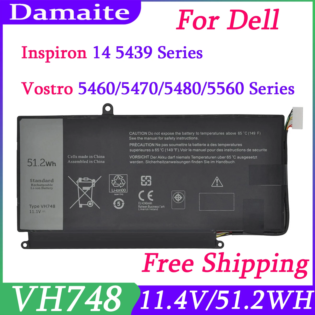VH748 Аккумулятор для ноутбука DELL Vostro 5460 5470 5560 14 5480 Inspiron 5439 V5460D-1308 V5460D-1318 5470D-1328 11 4 В 51 2