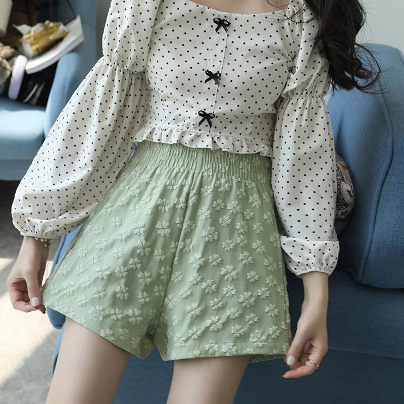 Women Shorts New Summer High Waist Jacquard Short Pants A-line Elastic Waist Wide Leg Korean Fashion Thin Casual Sport Shorts