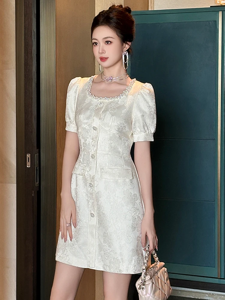 Короткое атласное жаккардовое платье во французском стиле женское элегантное