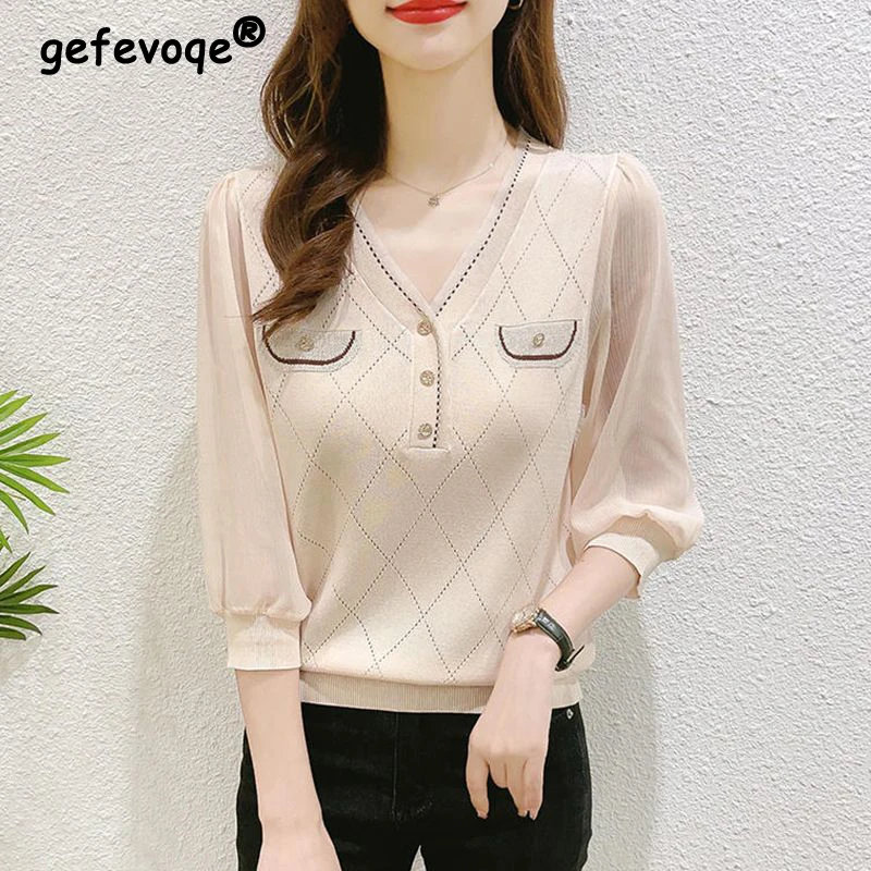 

Women Korean Fashion Diamond Button Elegant Chic Knitwears Spring Summer V Neck 3/4 Sleeve Hollow Patchwork Blouses Female Tops