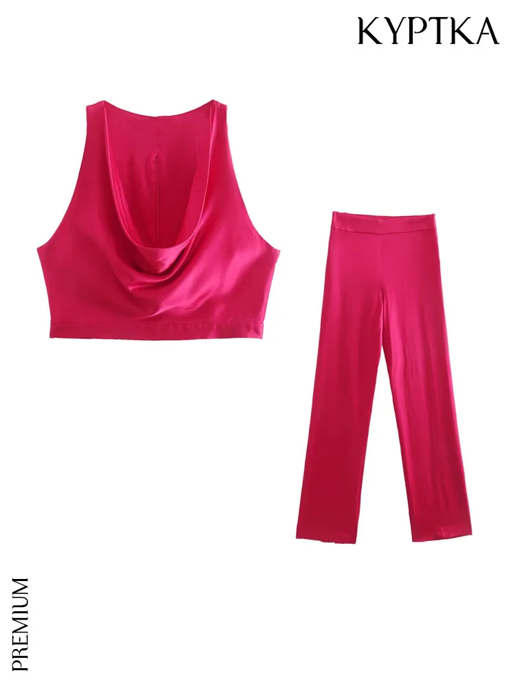 

Женские Модные драпированные укороченные атласные майки KYPTKA, женские брюки с высокой талией и боковой молнией