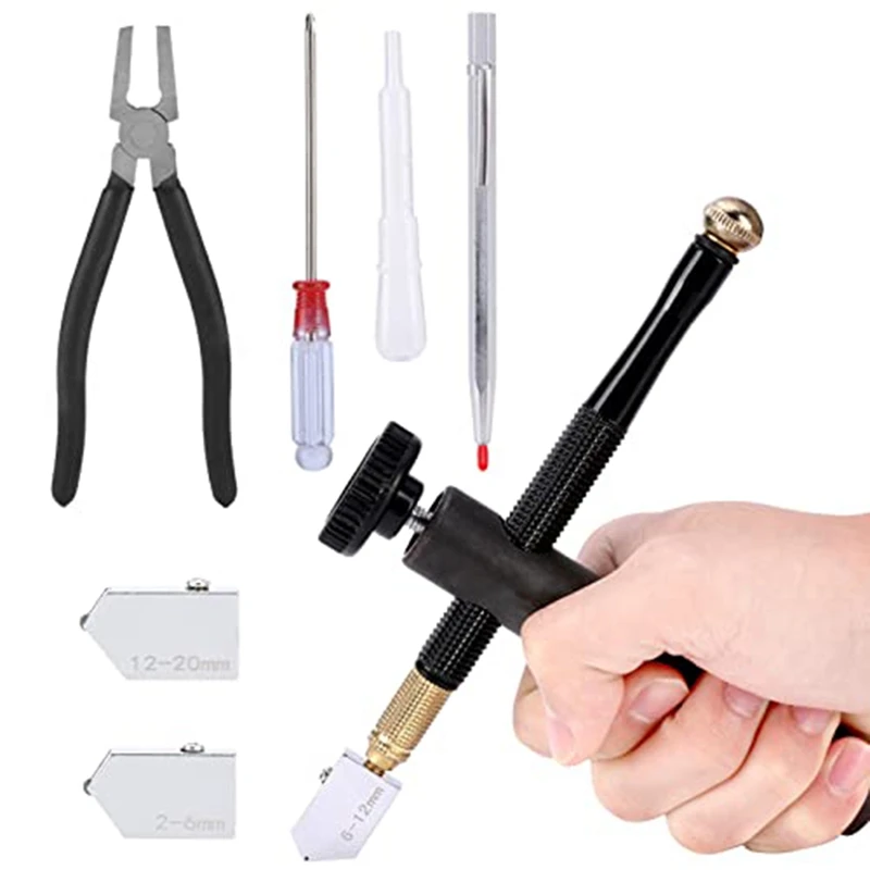 

Retail Glass Cutter Kit With Booster Bar Assist, 2-6,6-12,12-20 Mm Glass Cutter Head With Flat Glass Pliers For Cutting Mirror