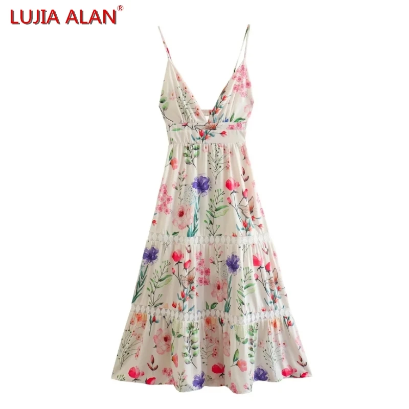 

Summer New Women's Flower Printed Lace Patchwork Sling Midi Dress Female Casual Tiered Ruffle Vestidos LUJIA ALAN WD2623