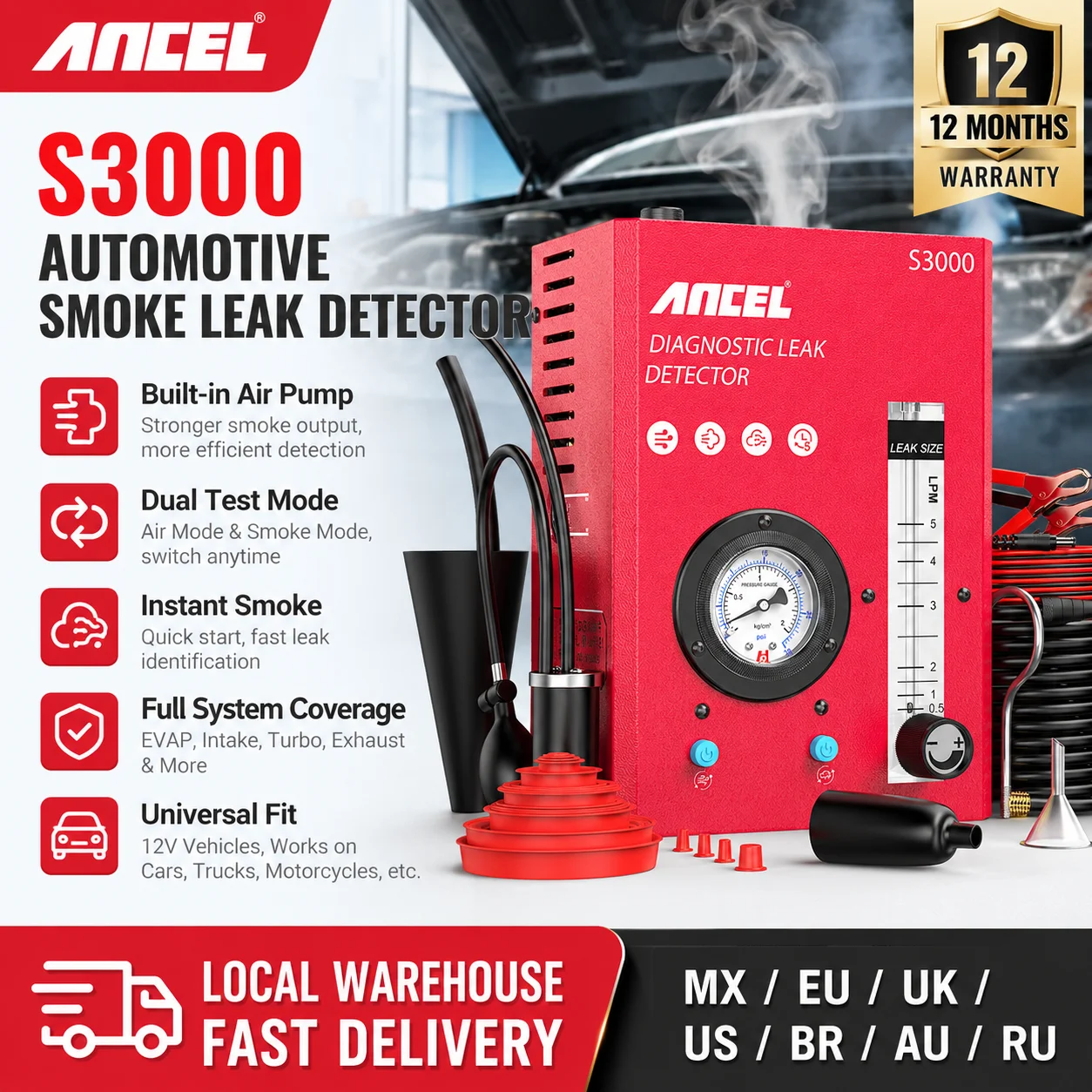 Фото Детектор утечек дыма ANCEL S3000 для автомобилей, диагностический прибор для проверки топливопроводов, тестер вакуумного давления в авто №1