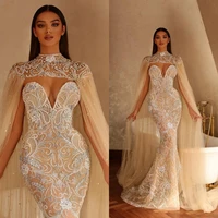 luxury champagne evening dresses crystals beads sleeveless women prom gowns with cape sexy v neck party wedding robe de mari%c3%a9e
