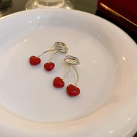 textured single piece red color enamel love heart cherry earring for women silver color metal fruit clip earrings pendientes