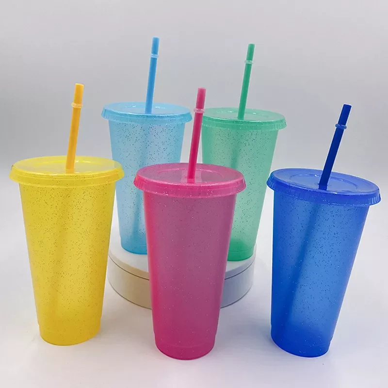 

2022New Flash Powder Water Bottle With Straws Lid Plastic Reusable Personalized Drinkware Coffee Drinking Cup Outdoor Portable