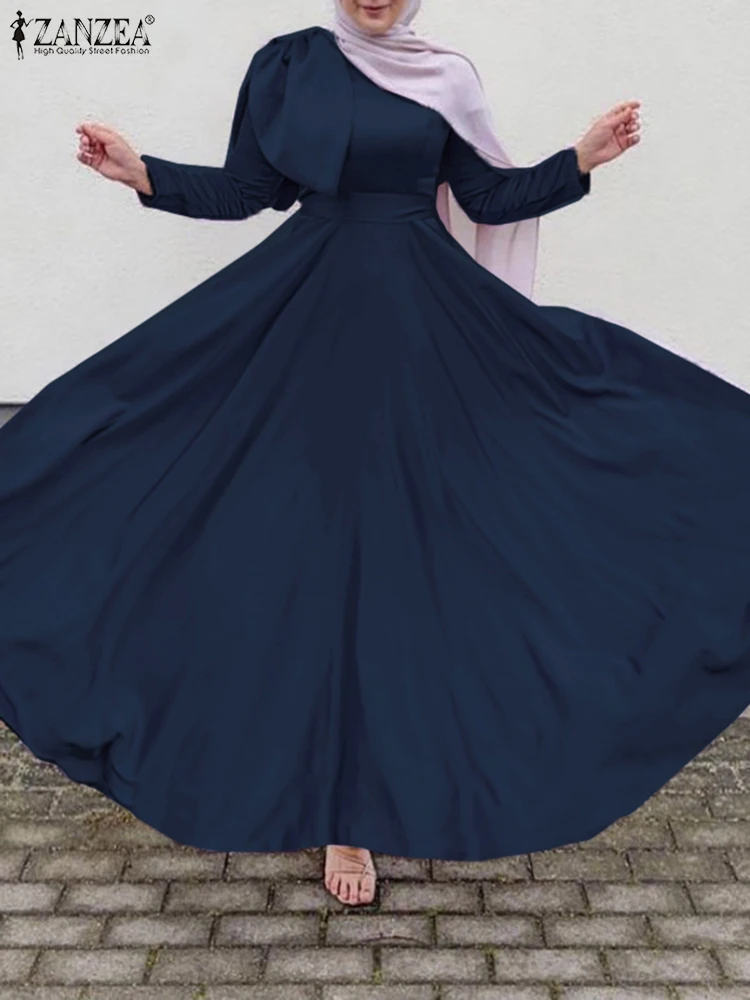 

ZANZEA Muslim Spring Women Solid Color Dress O-Neck Long SleeveBack Zipper Abaya Kaftan Sundress Fashion Elegant Casual Robe