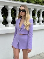 women officewear single button full sleeve cropped pockets blazer coat zipper fly short skirts office lady two piece sets