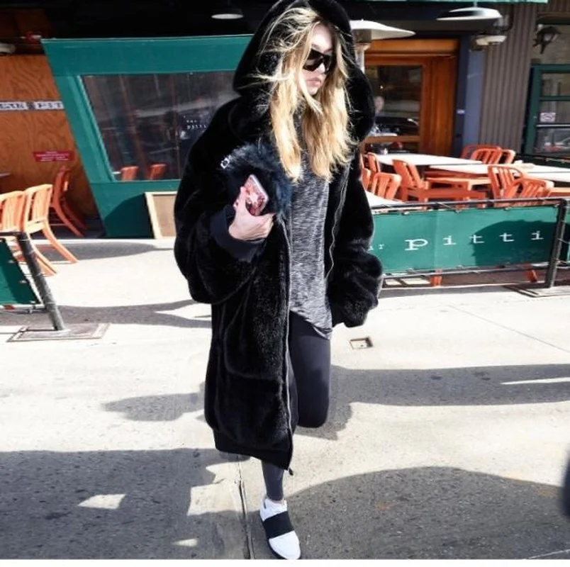 Imitation Rex Rabbit Hair Coats Winter Women Warm Thick Loose Hooded Faux Fur Parkas Solid Colors Big Pocket Leisure Outwears