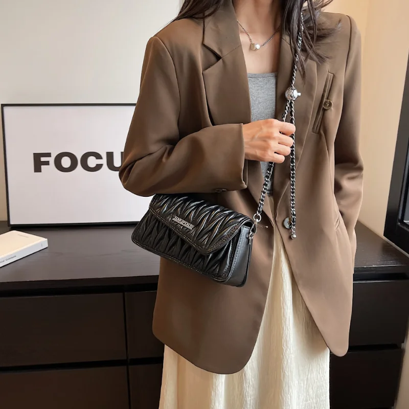 Luxury Pleated Chain Crossbody Bags for Women Pu Leather Shoulder Underarm Square Cute Lady Fashion Handbag Purse Summer Travel