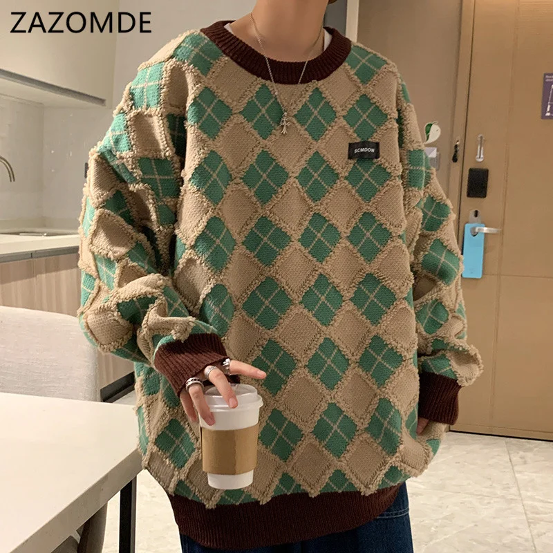 

Men ip op Sweaters Streetwear Retro Knitted Pullover Tops New eometry Casual Knit Warm Pullover arajuku Sweater Men