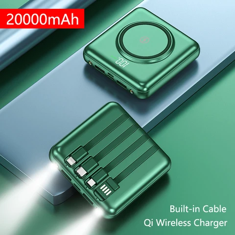 Мини-Power Bank 20000 мАч Qi Беспроводное зарядное устройство для iPhone 14 12 Samsung Портативный внешний аккумулятор Powerbank с кабелем USB C