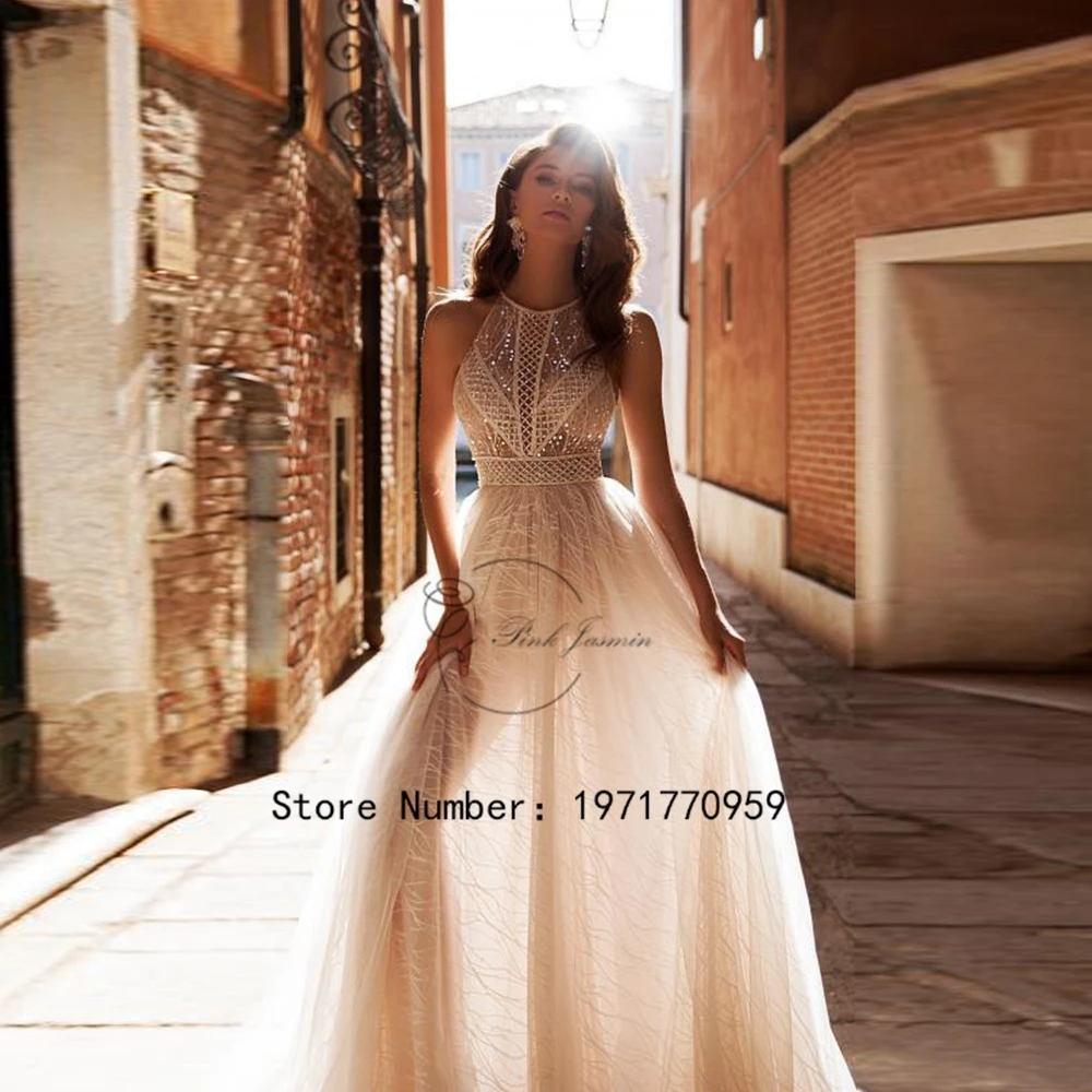 

Ivory Boho Halter Wedding Dresses for Princess Glitter High Quality Tulle Lace A Line Court Train Bridal Gowns Button Back 2024