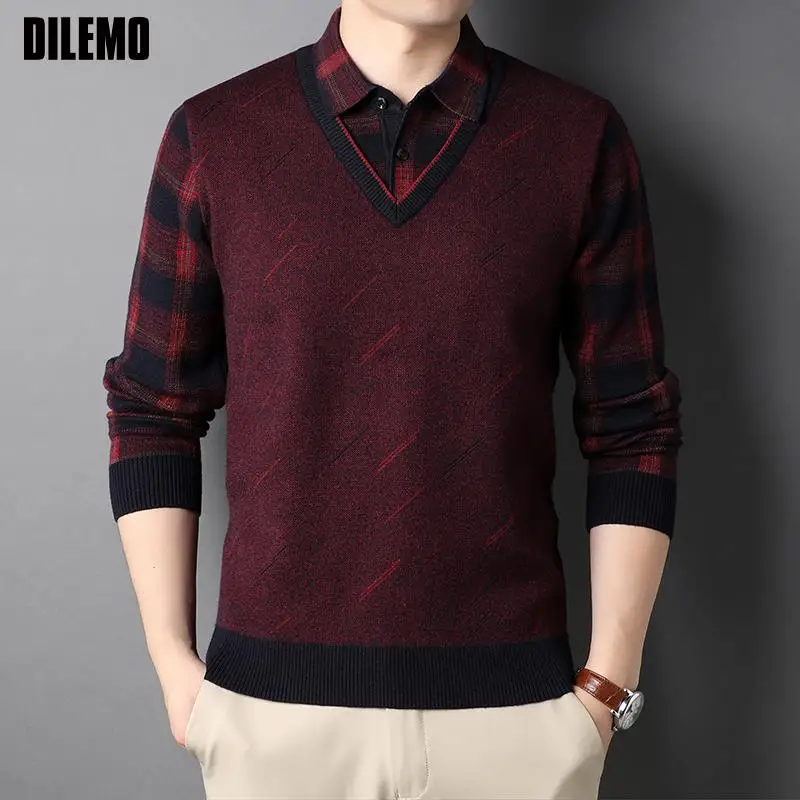 

Высококачественный новый модный брендовый дизайнерский вязаный пуловер, клетчатый свитер с имитацией двух воротников, повседневный джемп...