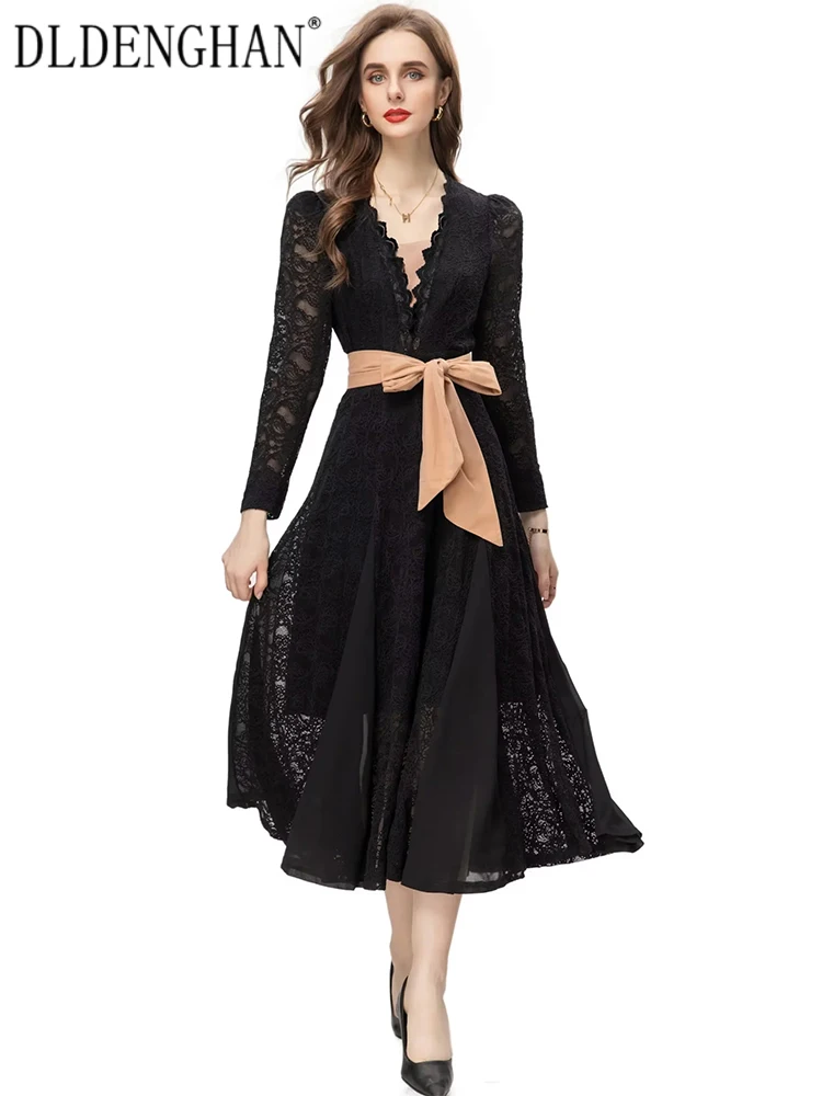 

DLDENGHAN осеннее кружевное платье для женщин с V-образным вырезом и длинным рукавом с вырезами на шнуровке элегантное женское платье модное дизайнерское Новое