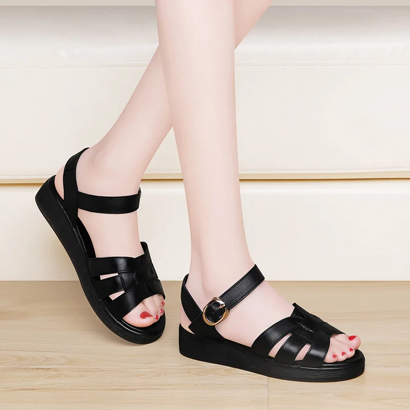 

Genuine Leather Sandals Women's Summer 2023 New Wedge Heel Mid-heel Platform Beach Shoes Sponge Cake Casual Flat Open Toe ROME