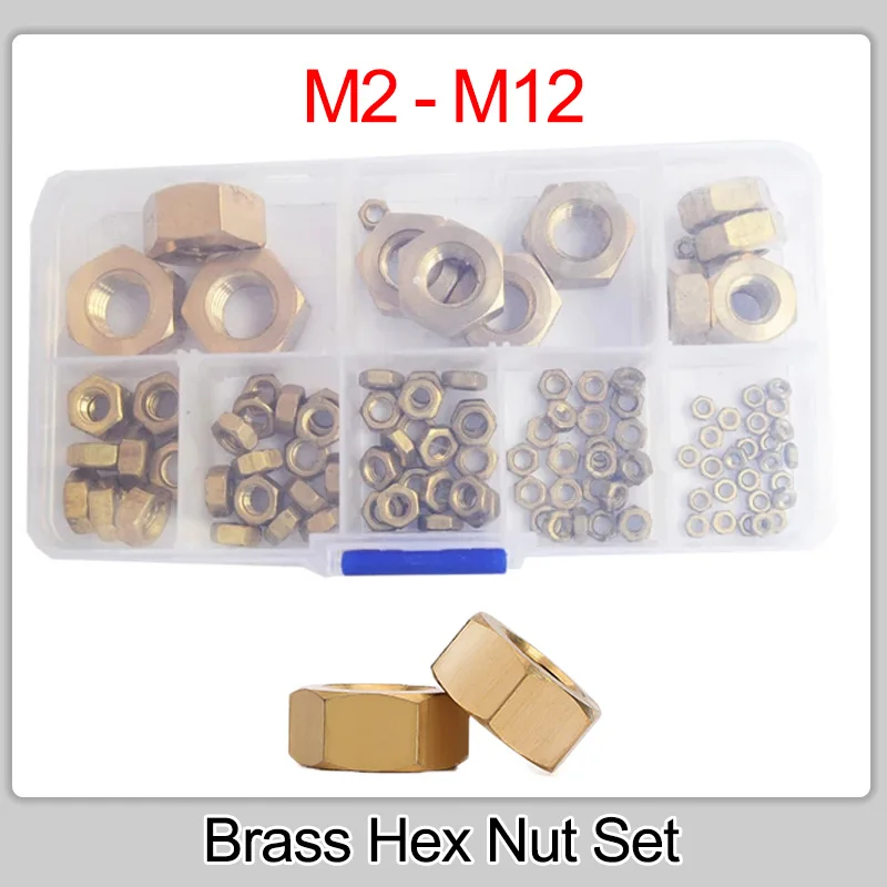 

M2 M3 M4 M5 M6 M8 M10 M12 Brass Hex Nut for Screw Bolt Metric Hexagonal Threaded Copper Hexagon Nuts Set Assortment Kit Box
