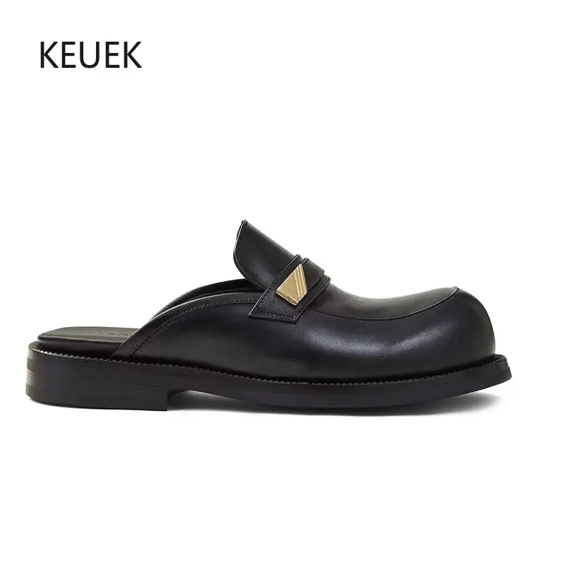 

Luxury Men Casual Leather Shoes Half Slippers Business Dress Shoes Genuine Leather Zapatos Hombre Designer Slides 2C