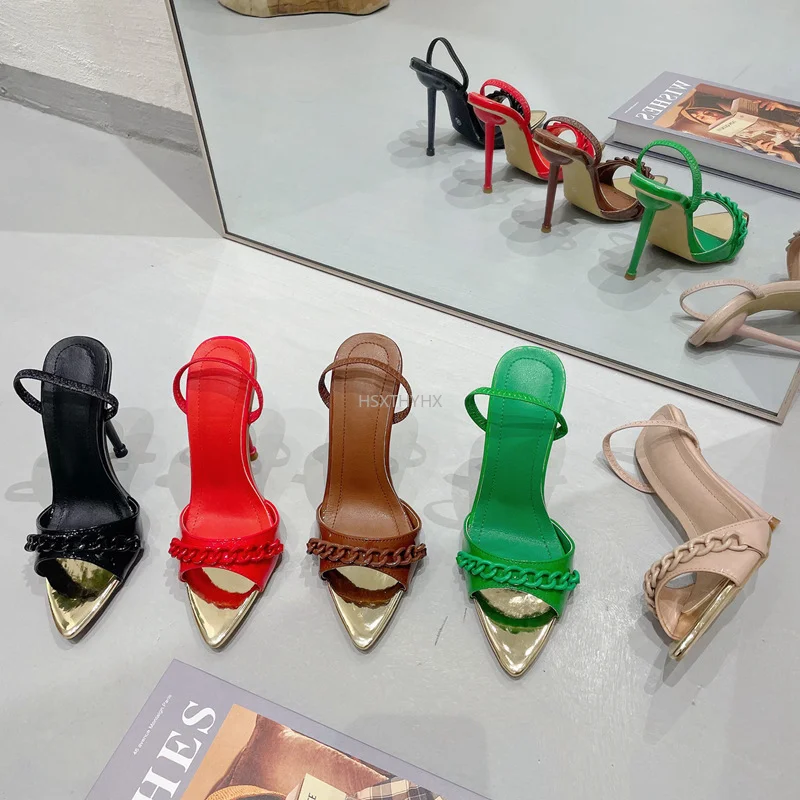 

Western Style New Arrival High Heels Sandals Fashion Chromatic Chain Pointed Toe Back Strap Women Sandal Dress Strappy Mule Shoe