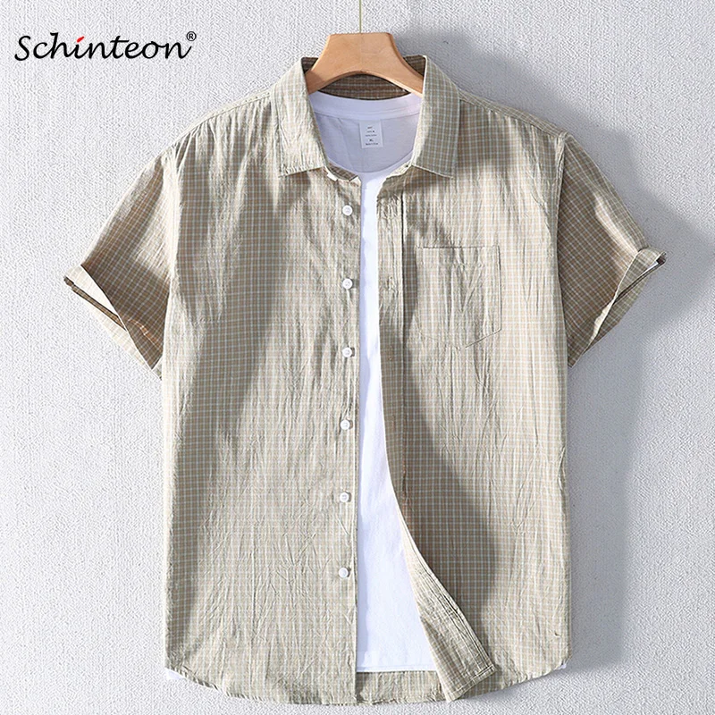 Фото Мужская рубашка Schinteon из 100% хлопка, повседневная тонкая рубашка в клетку с короткими рукавами, удобная рубашка с отложным воротником, весна-лето 2026, тонкий топ №1