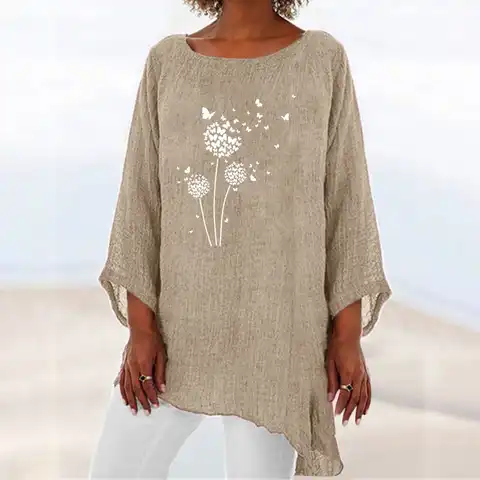 Women Tops And Blouses 2023 Womens 3 Of 4 Sleeve Crew Neck Irregular Hem Top Shirt Casual Cotton женская одежда больших размеров