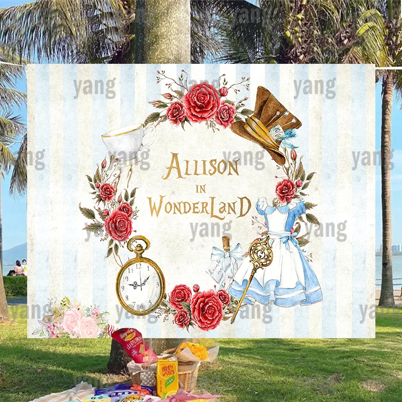 

Colorful Disney Custom Wedding Backdrop Baby Shower Alice In Wonderland Rose Wreath Birthday Party Decoration Background Banner