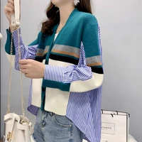 new spring streetwear women sweater stitching shirt fashion loose cardigan femme korean fashion stripe knitting blouse mujer