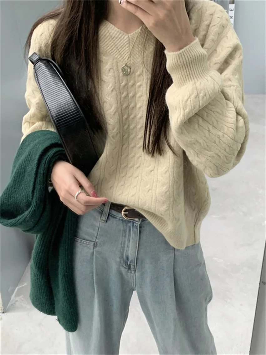 

Зимние свитера HziriP с V-образным вырезом, тонкие вязаные женские пуловеры в ленивом стиле, универсальная Милая уличная одежда, новинка 2022, жен...