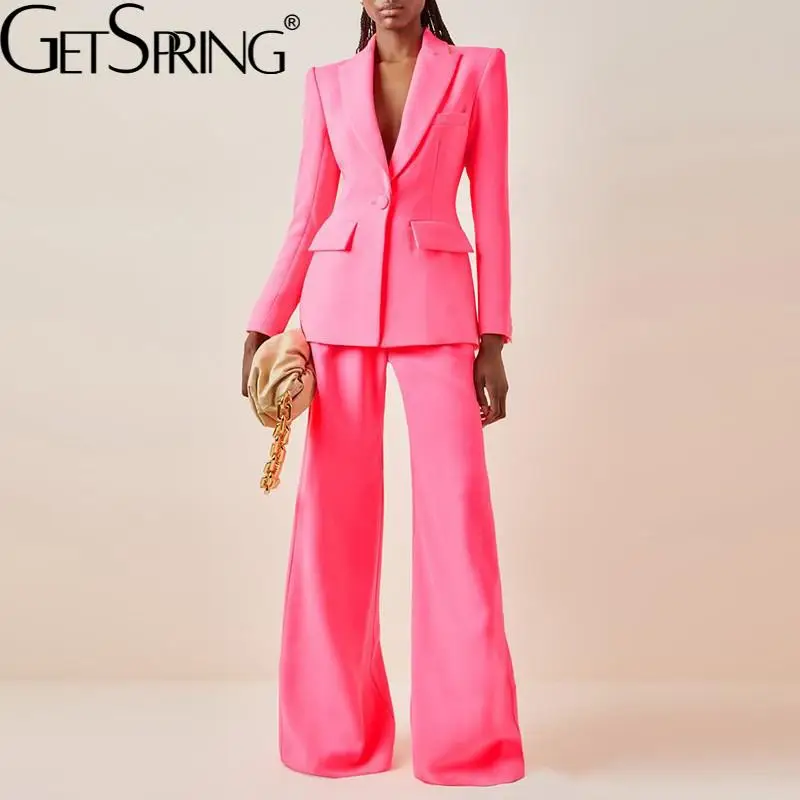 

GetSpring Women Pant Suit Single Button Flare Pants Pink Suit All Match Womens Suits Blazer With Pants Spring Autumn 2022 New
