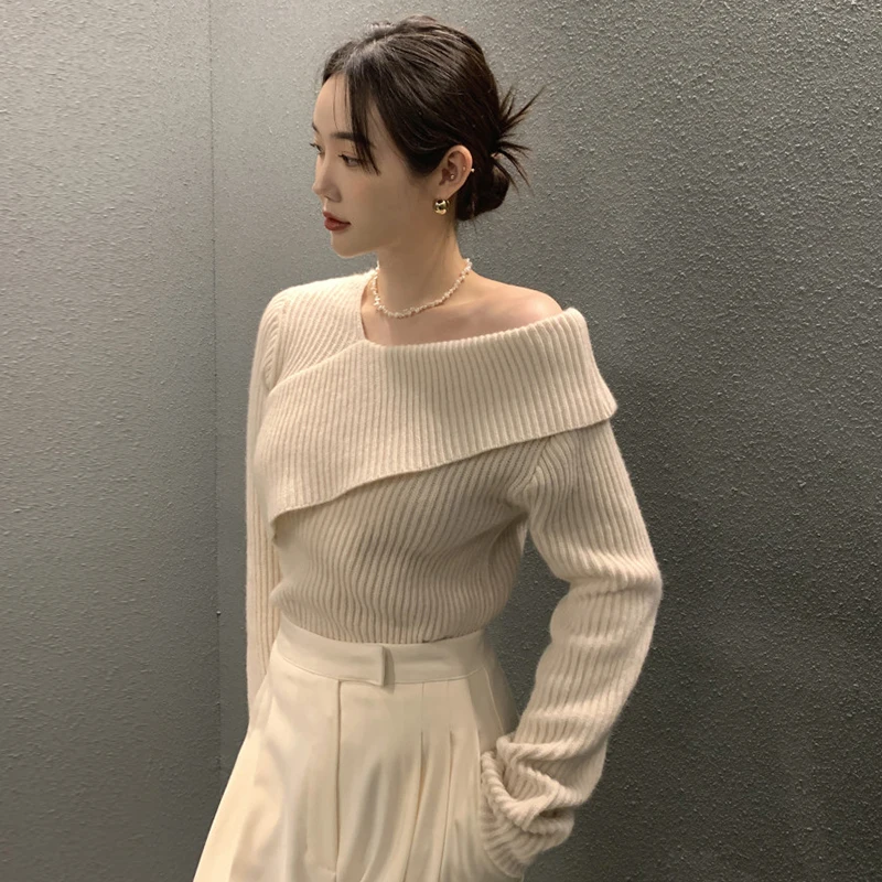 

WDMSNA, французский необычный женский однотонный тонкий пуловер, корейский шикарный весенний вязаный свитер с длинным рукавом для женщин