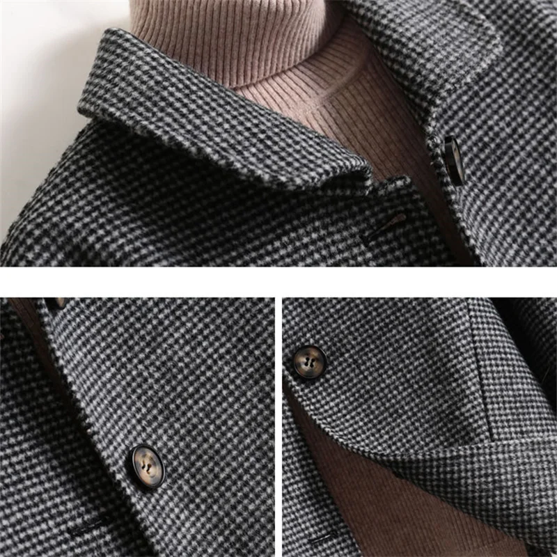

Spring 2022 Autumn Fashion Short Double Sided Jacket Women 4 Color Plaid Outerwear Houndstooth Big Pocket Wool Coat Female