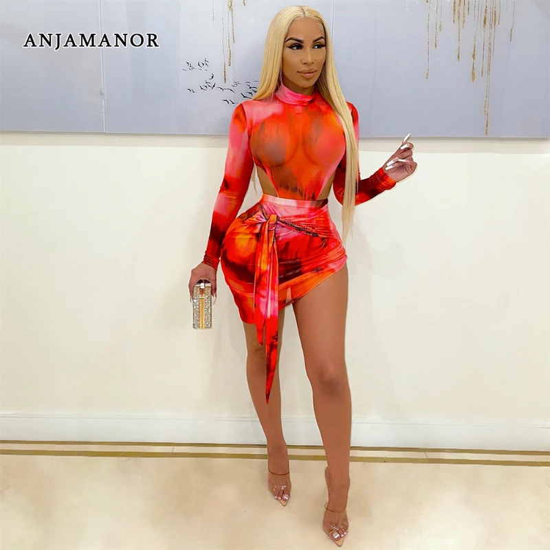 

ANJAMANOR Beautiful Mesh Print Tied Mini Dresses for Women 2022 Sexy Club Outfits Cut Out Long Sleeve Bodycon Dress D57-CD18