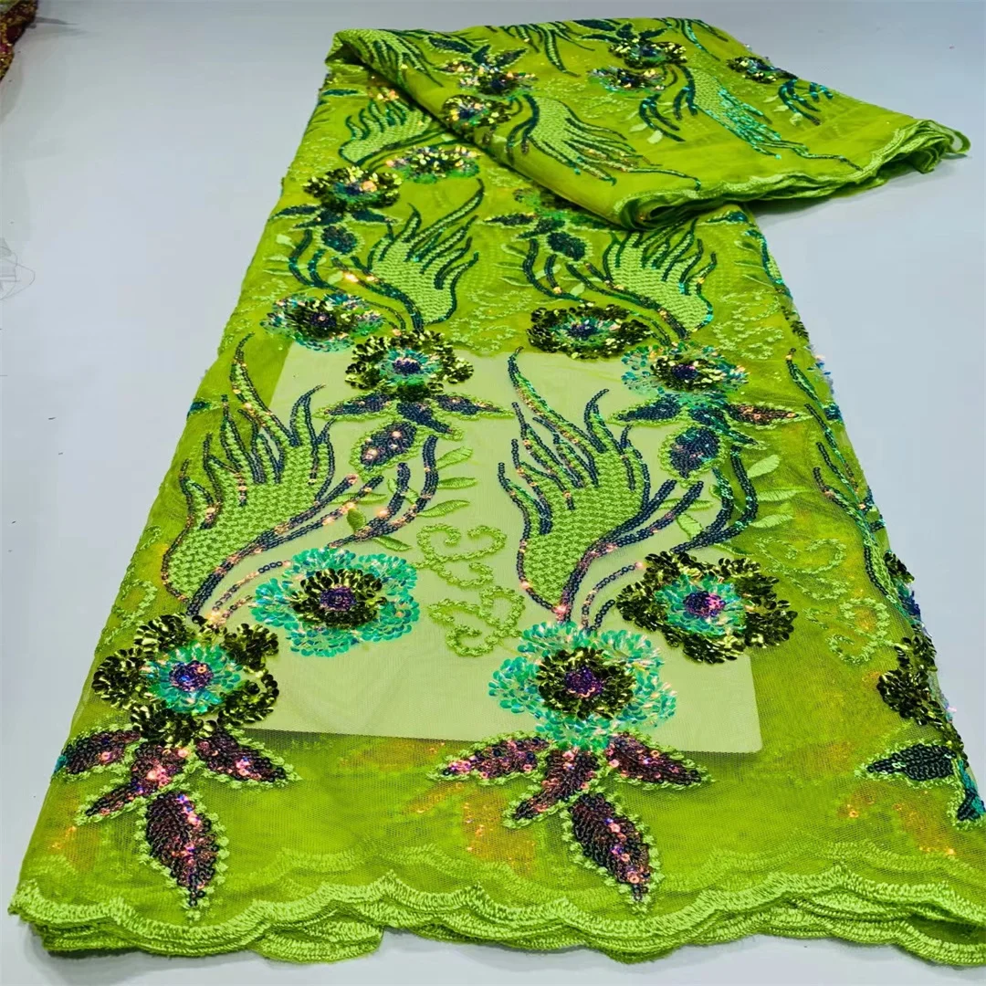 

5 ярдов, зеленая африканская кружевная ткань 2023, Высококачественный кружевной материал, нигерийская французская кружевная ткань с блесткам...